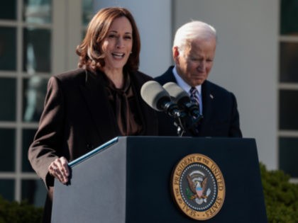 WASHINGTON, DC - MARCH 29: U.S Vice President Kamala Harris delivers remarks alongside U.S. President Joe Biden and Michelle Duster, the great-granddaughter of Ida B. Wells, after President Biden signed the H.R. 55, the “Emmett Till Antilynching Act” into law in the Rose Garden of the White House on March …
