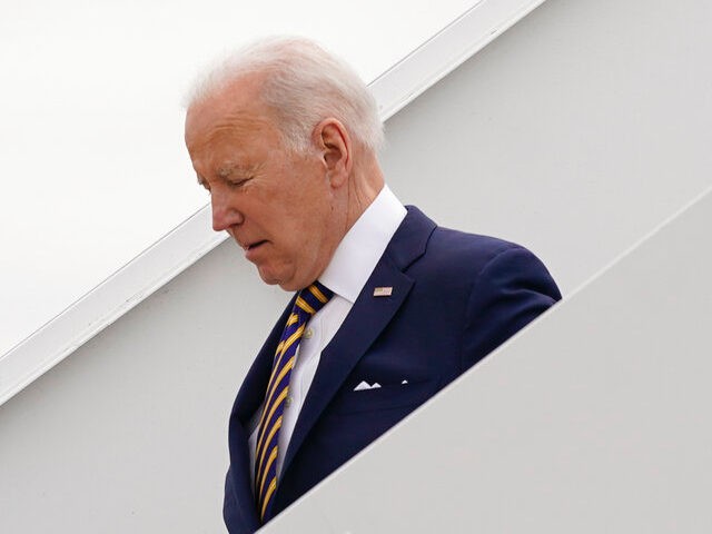 President Joe Biden steps off Air Force One at Naval Air Station Joint Reserve Base, Tuesday, March 8, 2022, in Fort Worth, Texas. Biden is in Fort Worth to address access to health care and benefits for veterans affected by military environmental exposures. (AP Photo/Patrick Semansky)