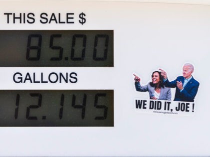 A political sticker mocking President Joe Biden and Vice President Kamala Harris is seen next to a gas pump display showing a transaction in Los Angeles, Monday, March 7, 2022. The price of regular gasoline broke $4 per gallon on average across the U.S. on Sunday for the first time …