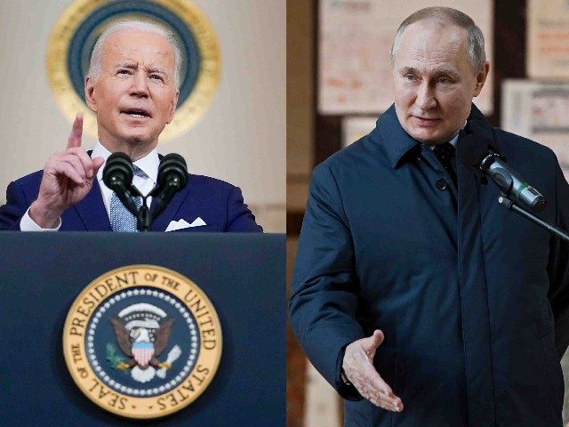 President Joe Biden announces Judge Ketanji Brown Jackson as his nominee to the Supreme Court at the White House in Washington on Feb. 25, 2022, left, and President Vladimir Putin speaks during a visit to the construction site of the National Space Agency at Khrunichev State Research and Production Space …