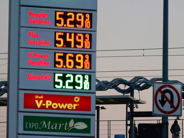 Gas prices are advertised at over five dollars a gallon Monday, Feb. 28, 2022, in Los Ange