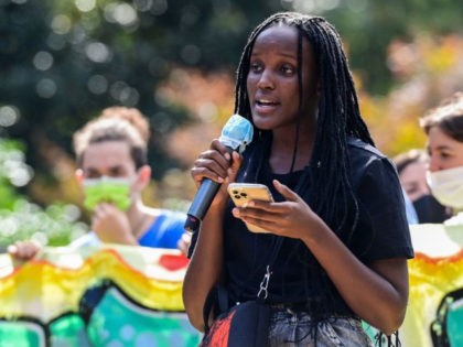 Ugandan climate activist Vanessa Nakate speaks during a Fridays for Future students' strike on October 1, 2021 on the sidelines of the Youth4Climate and Pre-COP 26 events in Milan. (Photo by MIGUEL MEDINA / AFP) (Photo by MIGUEL MEDINA/AFP via Getty Images)