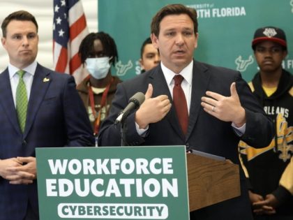 Florida Gov. Ron DeSantis speaks during a news conference after announcing a $20 million dollar program to create cybersecurity opportunities through the Florida Center for Cybersecurity at the University of South Florida Wednesday, March 2, 2022, in Tampa, Fla.