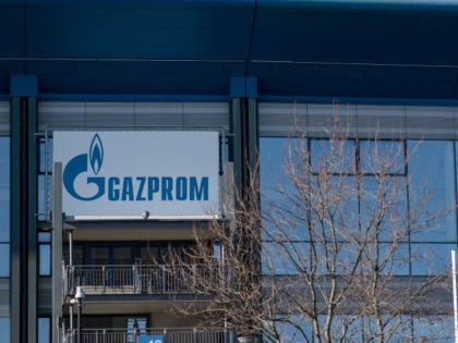Gazprom advertising boards at the entrance to the Veltins Arena on February 28, 2022 in Gelsenkirchen, Germany. (Frederic Scheidemann/Getty Images)