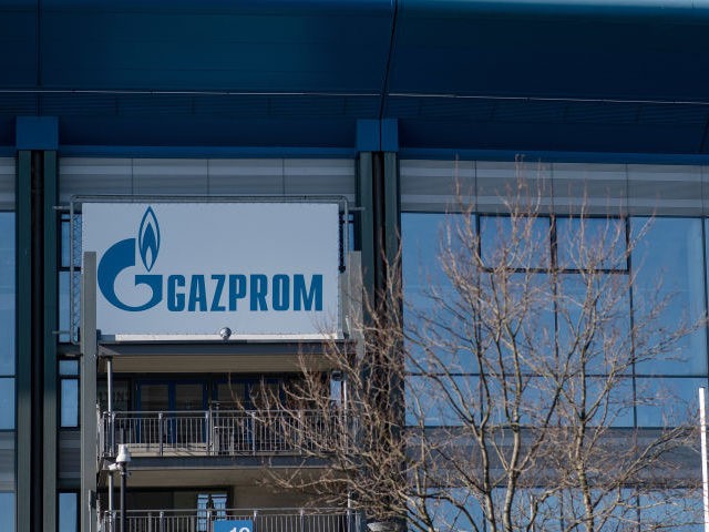 Gazprom advertising boards at the entrance to the Veltins Arena on February 28, 2022 in Ge