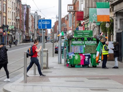 Streets are deserted in the O'Connell Street area of Dublin on March 17, 2020, as St Patrick's Day festivities are cancelled and pubs shut in reaction to the novel coronavirus COVID-19 outbreak. - Pubs were shuttered and pints left unpoured on St. Patrick's Day in Dublin Tuesday, as the Irish …