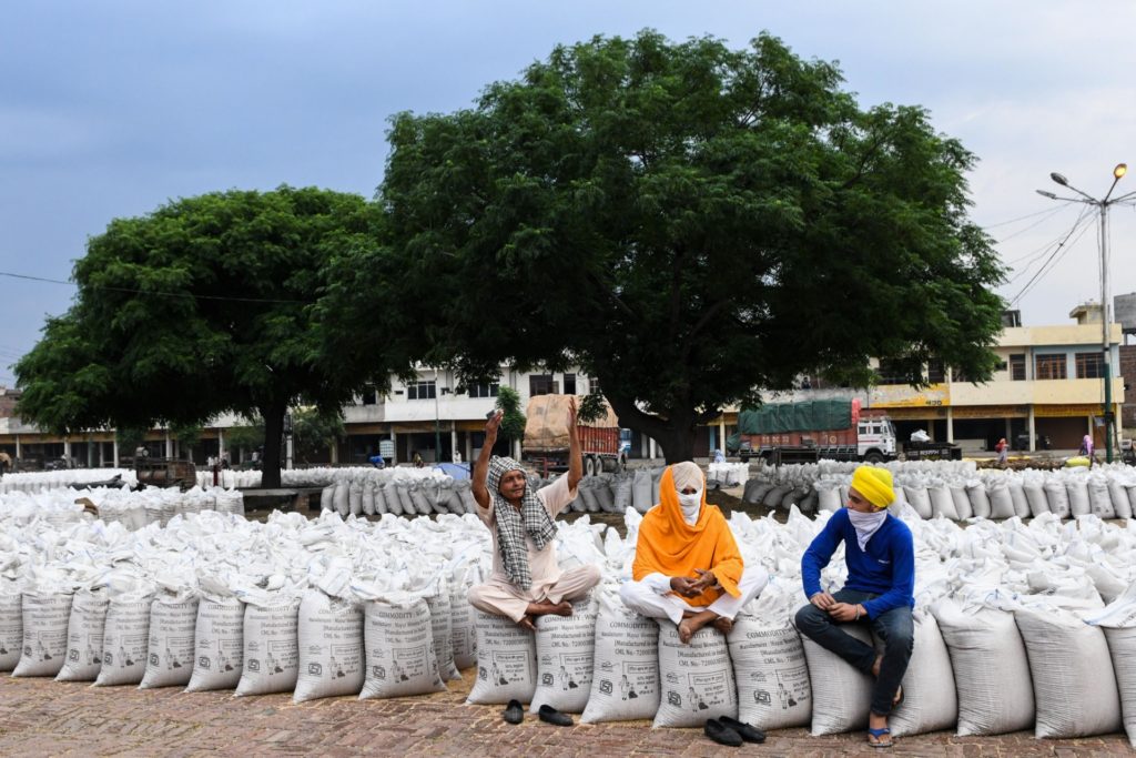 Farmers sit on sacks of wheat grains at a grain market in Amritsar on April 26, 2020. (Photo by NARINDER NANU / AFP) (Photo by NARINDER NANU/AFP via Getty Images)