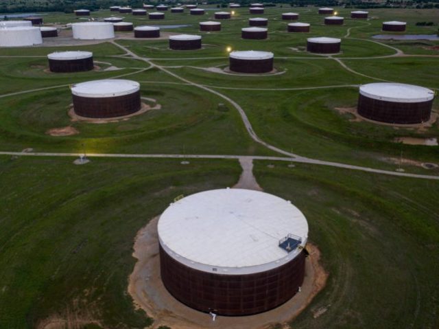 TOPSHOT - An aerial view of a crude oil storage facility is seen on May 5, 2020 in Cushing