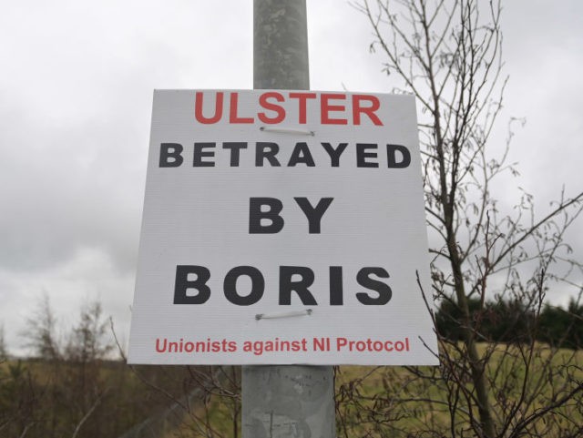 LARNE, NORTHERN IRELAND - MARCH 04: A poster erected by Unionists against NI Protocol can