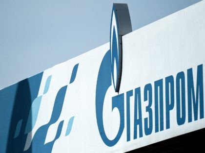 The logo of Russia's energy giant Gazprom is pictured at one of its petrol stations in Moscow on April 16, 2021. (Photo by Kirill KUDRYAVTSEV / AFP) (Photo by KIRILL KUDRYAVTSEV/AFP via Getty Images)
