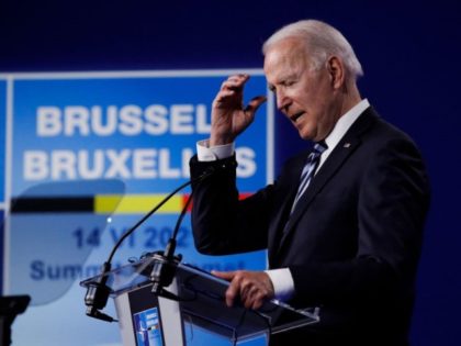 US President Joe Biden speaks during a press conference after the NATO summit at the North