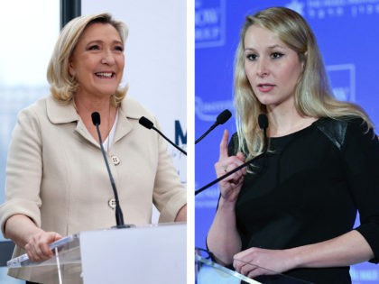 (COMBO) This combination of file pictures created on January 28, 2022 shows France's far-right party Rassemblement National (RN) candidate for the 2022 French presidential election Marine Le Pen during a press conference in Paris on January 26, 2022 and French former far-right MP Marion Marechal during the National Conservatism conference …