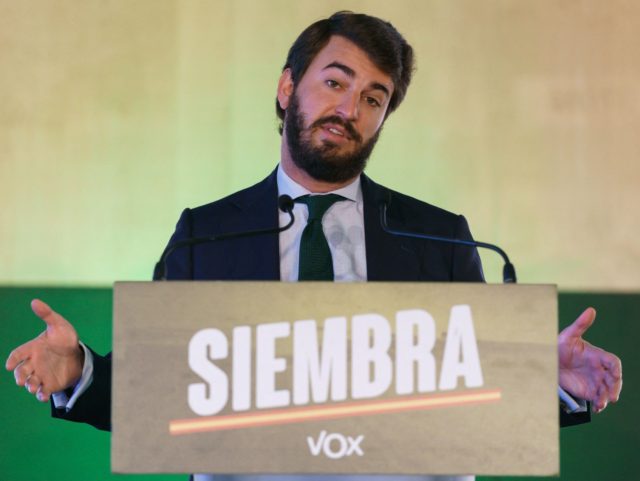 Leader of far-right Vox party in Castilla y Leon, Juan Garcia Gallardo gestures as he spea