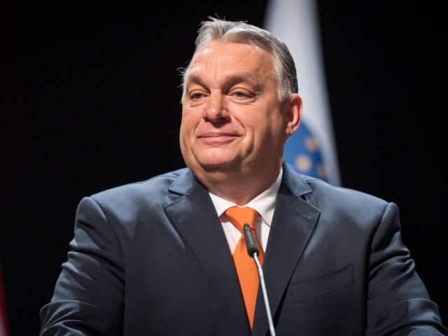 Hungary's Prime minister Viktor Orban reacts during a joint press conference with Slovenia