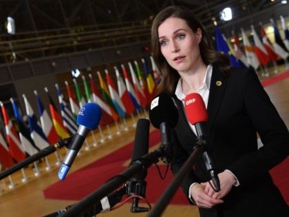 Finland's Prime Minister Sanna Marin speaks to press as she arrives for an emergency European Union (EU) summit at The European Council Building in Brussels on February 24, 2022, on the situation in Ukraine after Russia launched an invasion. (Photo by JOHN THYS / POOL / AFP) (Photo by JOHN …
