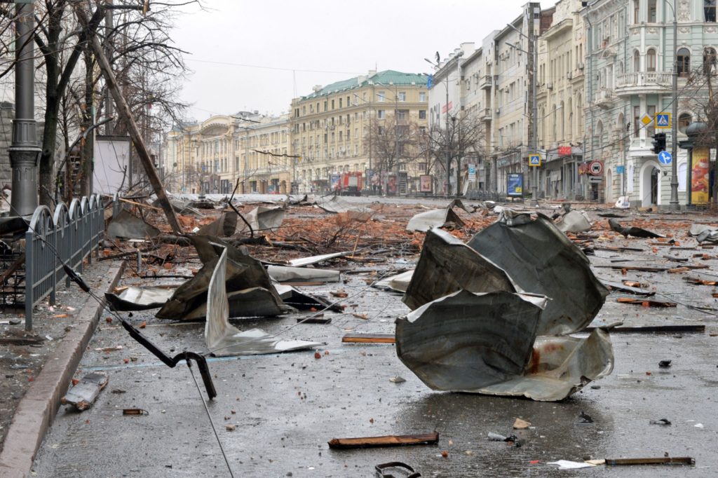 A picture shows damages after the shelling by Russian forces of Constitution Square in Kharkiv, Ukraine's second-biggest city, on March 2, 2022. - On the seventh day of fighting in Ukraine on March 2, Russia claims control of the southern port city of Kherson, street battles rage in Ukraine's second-biggest city Kharkiv, and Kyiv braces for a feared Russian assault. (Photo by Sergey BOBOK / AFP) (Photo by SERGEY BOBOK/AFP via Getty Images)
