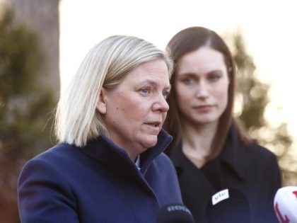 Finnish Prime Minister Sanna Marin (R) and her Swedish counterpart Magdalena Andersson speak to the media, outside the Prime Minister's official residence Kesaeranta in Helsinki, Finland, on March 5, 2022. - The topics of the Prime Ministers' bilateral meeting include the security situation in Europe, economic issues and other topical …