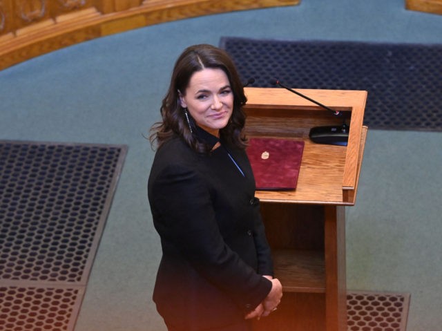 TOPSHOT - Newly elected Hungarian President Katalin Novak smiles after taking her oath as