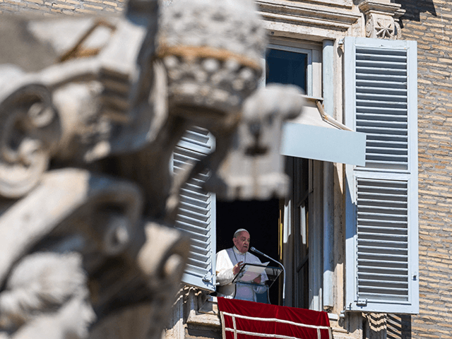 Pope Francis speaks during weekly Angelus prayer on March 13, 2022 at St. Peter's square i