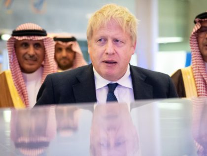 RIYADH, SAUDI ARABIA - MARCH 16: Prime Minister Boris Johnson during a tour of the manufacturing facility at the Saudi Basic Industries (SABIC) Headquarters, where the Saudi firm announced it would invest £850 million to reopen their hydrocarbons 'cracker' at Wilton and decarbonise their operations in the north east, on …
