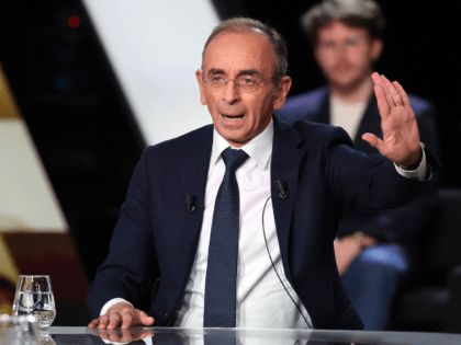 France's far-right party "Reconquete!" leader, media pundit and candidate for the 2022 presidential election Eric Zemmour gestures as he takes part in the political show 'Elysee 2022' on French TV channel France 2, in Saint-Denis, near Paris on March 17, 2022. (Photo by THOMAS COEX / AFP) (Photo by THOMAS …