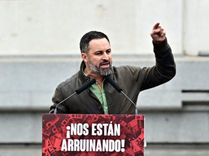 Spanish far-right Vox party leader Santiago Abascal, delivers a speech during a nationwide protest called by Vox party against price hikes, in front of the city hall in Madrid on March 19, 2022. - Since the end of last year, there has been growing social discontent in Spain over runaway …