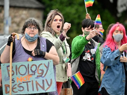 EDINBURGH, SCOTLAND - SEPTEMBER 02: Trans Rights activists hold a counter demonstration next to a woman’s rights demo organised by Women Wont Wheesht on September 02, 2021 in Edinburgh, Scotland. Recent guidelines issued by the National Records of Scotland say that people indicate male or female in Scotland's 2022 census …