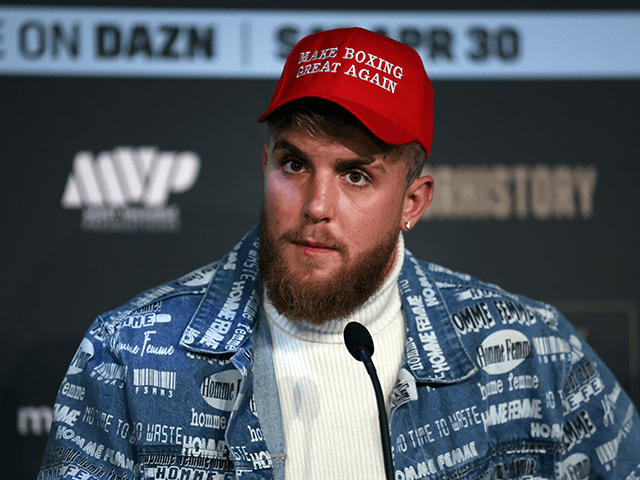 Jake Paul talks to the media ahead of the fight between Katie Taylor and Amanda Serrano at The Leadenhall Building on February 07, 2022 in London, England. (Photo by Warren Little/Getty Images)