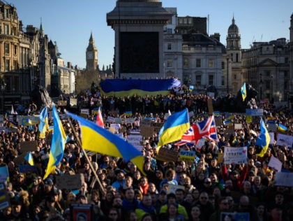 LONDON, UNITED KINGDOM - FEBRUARY 27: Crowds of protestors are seen during a demonstration in support of Ukraine in Trafalgar Square on February 27, 2022 in London, England. Russia's large-scale invasion of Ukraine has killed scores and prompted a wave of protests across Europe. (Photo by Leon Neal/Getty Images)