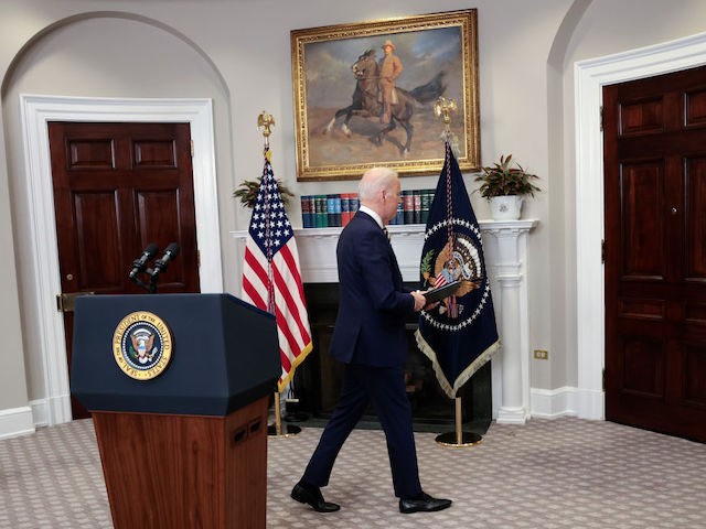 WASHINGTON, DC - MARCH 08: U.S. President Joe Biden departs after speaking in the Roosevelt Room of the White House March 8, 2022 in Washington, DC. During his remarks, Biden announced a full ban on imports of Russian oil and energy products as an additional step in holding Russia accountable …