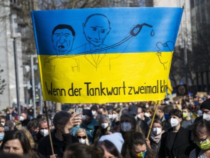 FRANKFURT, GERMANY - MARCH 13: People demand for a suspension of Russian gas and oil while they protesting against the ongoing war in Ukraine gather on March 13, 2022 in Frankfurt, Germany. Protesters are taking to the streets in major cities across Germany today to voice their anger over the …