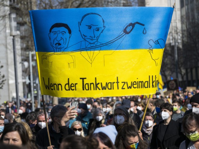 FRANKFURT, GERMANY - MARCH 13: People demand for a suspension of Russian gas and oil while