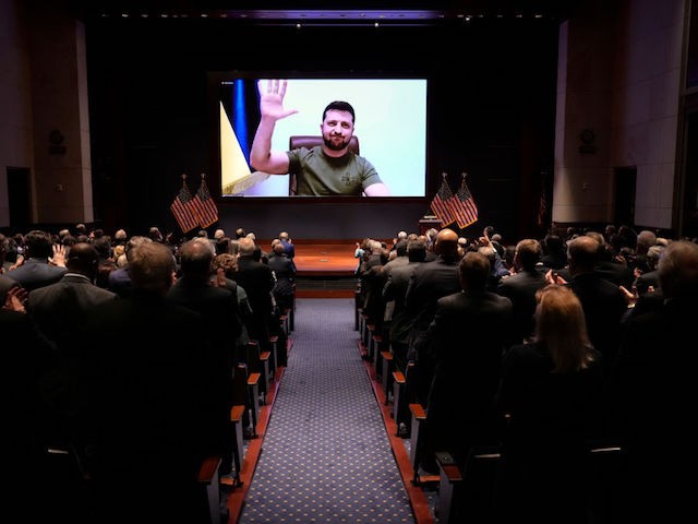 WASHINGTON, DC - MARCH 16: Ukrainian President Volodymyr Zelenskyy delivers a virtual address to Congress at the U.S. Capitol on March 16, 2022 in Washington, DC. Zelenskyy addressed Congress as Ukraine continues to defend itself from an ongoing Russian invasion. (Photo by Drew Angerer/Getty Images)