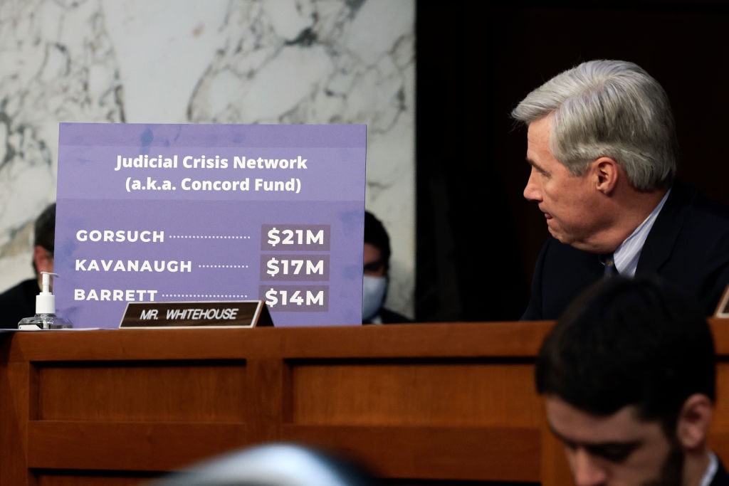 WASHINGTON, DC - MARCH 22: Sen. Sheldon Whitehouse (D-RI) questions U.S. Supreme Court nominee Judge Ketanji Brown Jackson during her Senate Judiciary Committee confirmation hearing in the Hart Senate Office Building on Capitol Hill, March 22, 2022 in Washington, DC. Judge Ketanji Brown Jackson, President Joe Biden’s pick to replace retiring Justice Stephen Breyer on the U.S. Supreme Court, would become the first Black woman to serve on the Supreme Court if confirmed. (Photo by Anna Moneymaker/Getty Images)