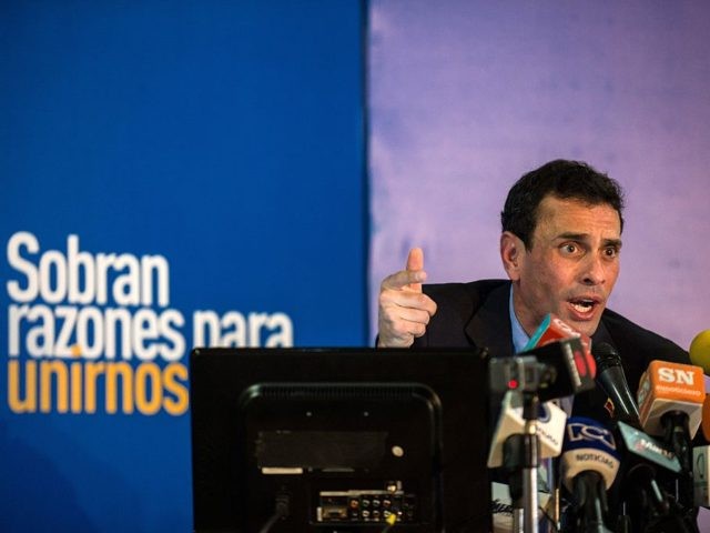 Miranda state governor and opposition leader Henrique Capriles Radonski speaks during a pr