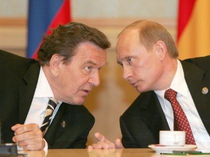 MOSCOW, Russian Federation: Russian President Vladimir Putin (R) talks to and German Chancellor Gerhard Schroeder during their meeting in Moscow, 09 May 2005. A group of German veterans of World War II were the first ever to attend Russia's annual Victory Day celebrations, bringing their alternative memories of the war …
