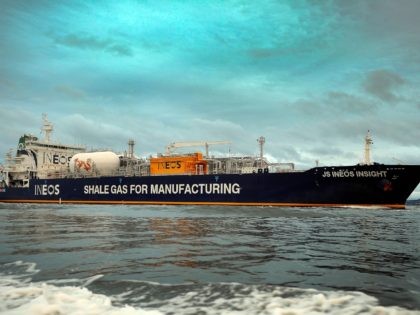 The JS Ineon Insight ship carrying the first shipment of shale gas from the United States arrives to dock at Grangemouth in Scotland on September 27, 2016. - The carrier, transporting 27,500 cubic metres of ethane, was given a traditional Scottish welcome, passing under the Forths iconic 19th century steel …