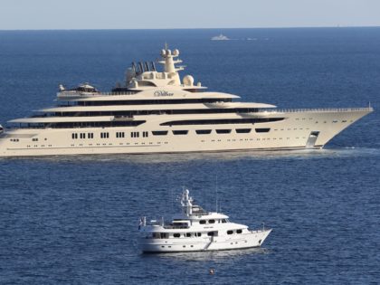 The luxury superyacht "Dilbar" sails off the coasts of Monaco on April 20, 2017. (Photo by VALERY HACHE / AFP) (Photo by VALERY HACHE/AFP via Getty Images)