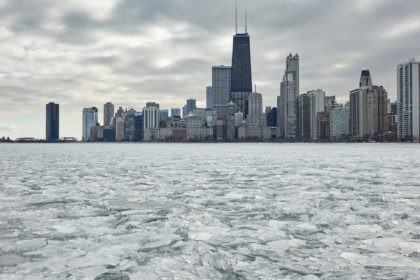 looking south across the lake to the city on a cold winter day