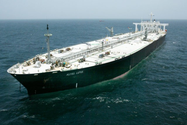 AT SEA - JULY 3: The Greek supertanker Astro Lupus lies anchored July 3, 2002 about 65 mi
