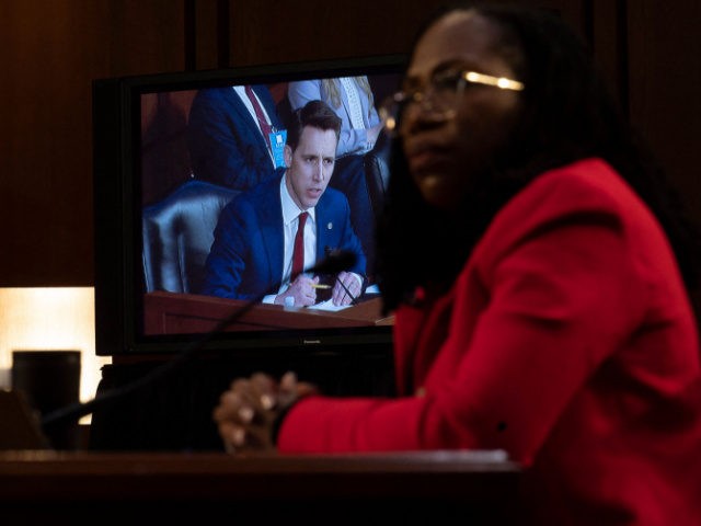 US Senator Josh Hawley (R-MO) is seen on a monitor as Judge Ketanji Brown Jackson testifies before the Senate Judiciary Committee on her nomination to be an Associate Justice on the US Supreme Court, in the Hart Senate Office Building on Capitol Hill in Washington, DC on March 22, 2022. …