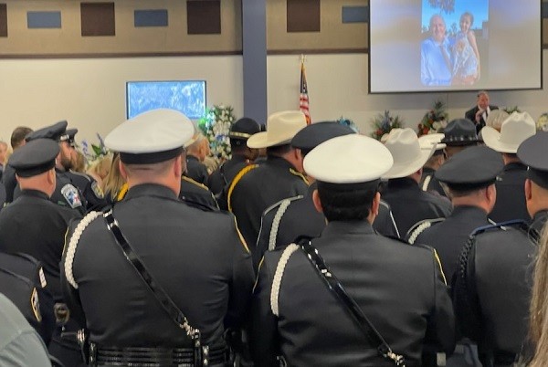 A wall of blue stands in honor of Deputy Neil Adams. (Crystal Laramore)