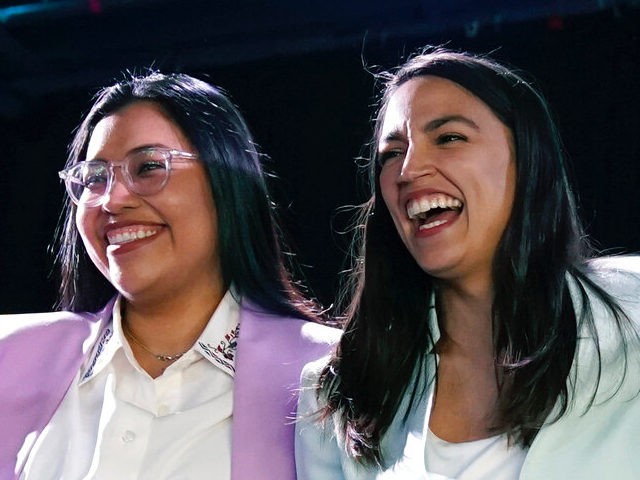 FILE - U.S. Rep. Alexandria Ocasio-Cortez, right, attends a rally with Democratic Congressional candidate Jessica Cisneros, left, Saturday, Feb. 12, 2022, in San Antonio. Cisneros is challenging nine-term U.S. Rep. Henry Cuellar Texas' first-in-the-nation primary Tuesday, March 1, 2022. (AP Photo/Eric Gay, File)