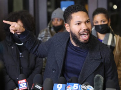 CHICAGO, ILLINOIS - MARCH 10: Jocqui Smollett, the brother of former "Empire" actor Jussie Smollett, speaks to the press at the Leighton Criminal Courts Building after his brother was sentenced to jail on March 10, 2021 in Chicago, Illinois. Jussie Smollett was found guilty late last year of lying to …
