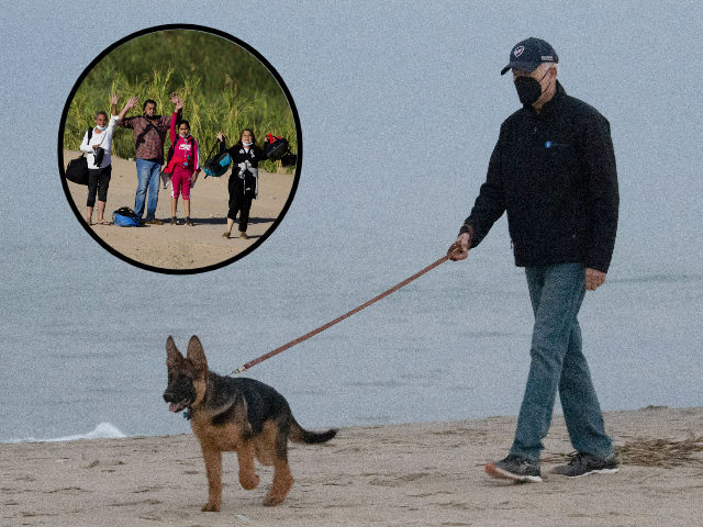 Joe Biden on beach in Delaware; inset-migrants in Yuma, AZ