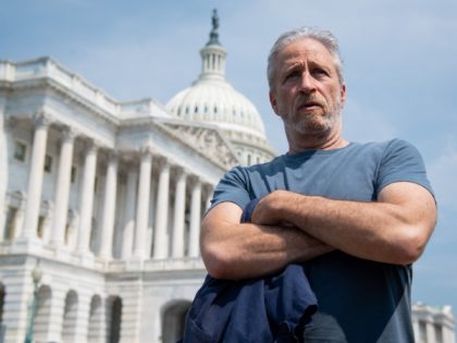 Actor and comedian Jon Stewart attends a press conference by members of the US House unveiling the "Honoring our Promise to Address Comprehensive Toxics Act of 2021's legislation, dealing with the effects caused by exposure to toxic substances during military service by veterans, outside the US Capitol in Washington, DC, …