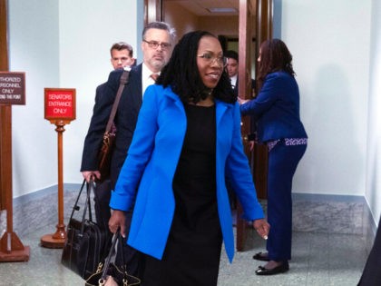 Supreme Court nominee Ketanji Brown Jackson arrives for the third day of her confirmation hearing before the Senate Judiciary Committee on Capitol Hill, Wednesday, March 23, 2022 in Washington. (AP Photo/Jose Luis Magana)