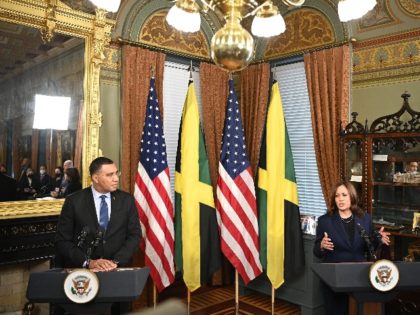 US Vice President Kamala Harris speaks during a press conference with Jamaicas Prime Minister Andrew Holness following a bilateral meeting in the Vice Presidents Ceremonial Office in the Eisenhower Executive Office Building, next to the White House, in Washington, DC on March 30, 2022. (Photo by MANDEL NGAN / AFP) …