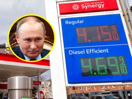 A sign displays gas prices at a gas station in Washington, Monday, March 7, 2022. The average price of regular gasoline across the U.S. has risen above $4 per gallon for the first time since 2008. (AP Photo/Andrew Harnik) Russian President Vladimir Putin listens to the head of the Russian …