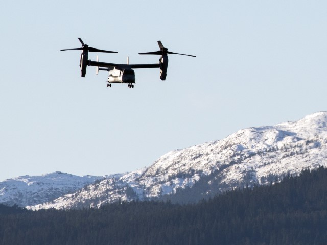 The United States' V-22 Osprey, a multi-mission, tiltrotor military aircraft with both vertical takeoff and landing, flies during a joint demonstration as part of the NATO Trident Juncture 2018 exercise in Byneset near Trondheim, Norway, October 30, 2018. - Trident Juncture 2018, is a NATO-led military exercise held in Norway from 25 October to 7 November 2018. The exercise is the largest of its kind in Norway since the 1980s. Around 50,000 participants from NATO and partner countries, some 250 aircraft, 65 ships and up to 10,000 vehicles take part in the exercise. The main goal of Trident Juncture is allegedly to train the NATO Response Force and to test the alliance's defense capability.